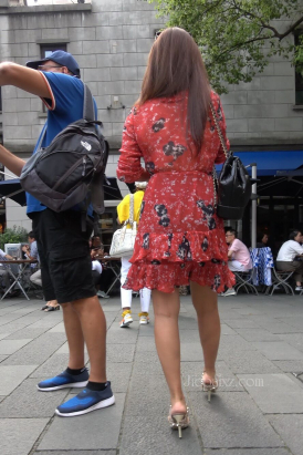 4K - 街拍深红色印花裙美女 [1.17 GB/MP4]