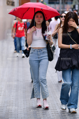 ★阔腿九分牛仔裤美女